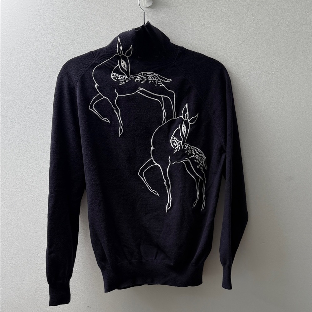 Elegant Black Turtleneck Sweater with Deer Design